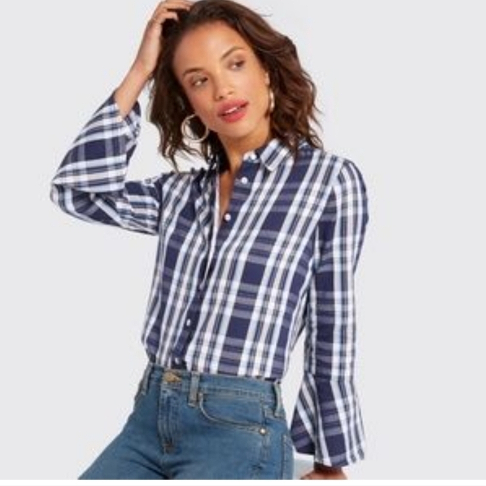 DRAPER JAMES BLUE PLAID BELL SLEEVE BLOUSE BUTTON UP SHIRT TOP WOMEN SIZE 4
